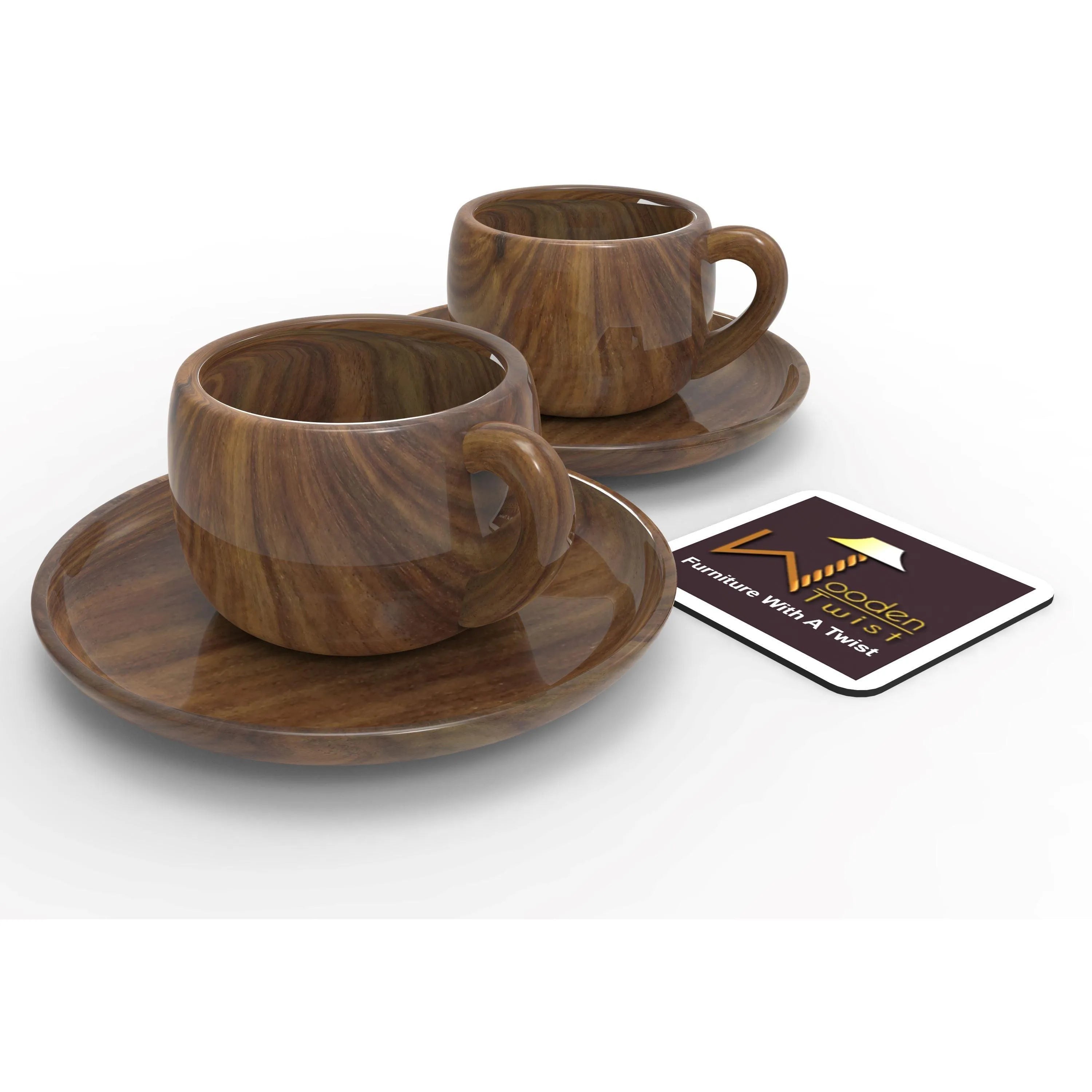 Sheesham Wood Exquisite Cup & Saucer (Set of 2) - Wooden Twist UAE