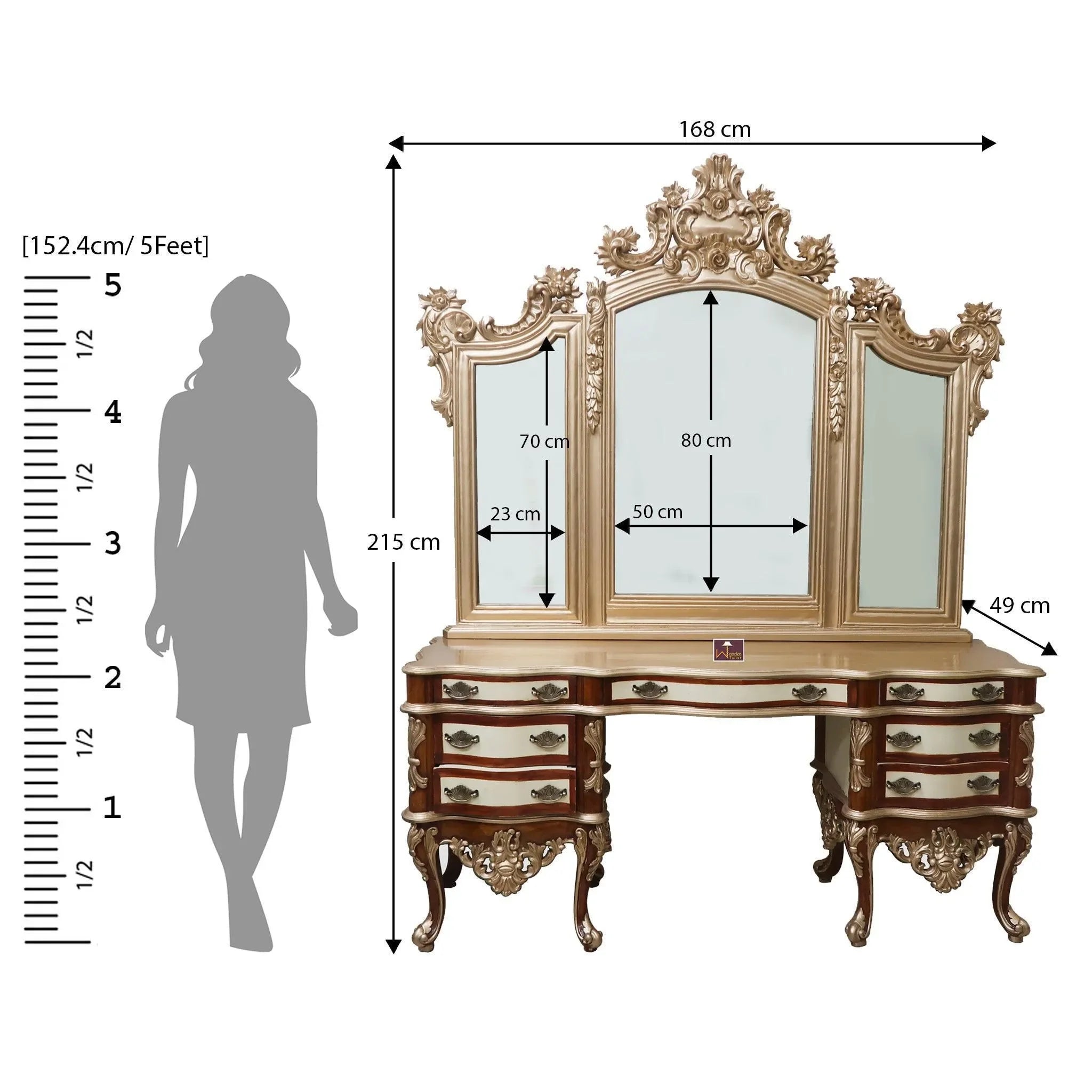 Royal Gold Luxury Hand Carved Wooden Teak Wood Dressing Table with Mirror - Wooden Twist UAE