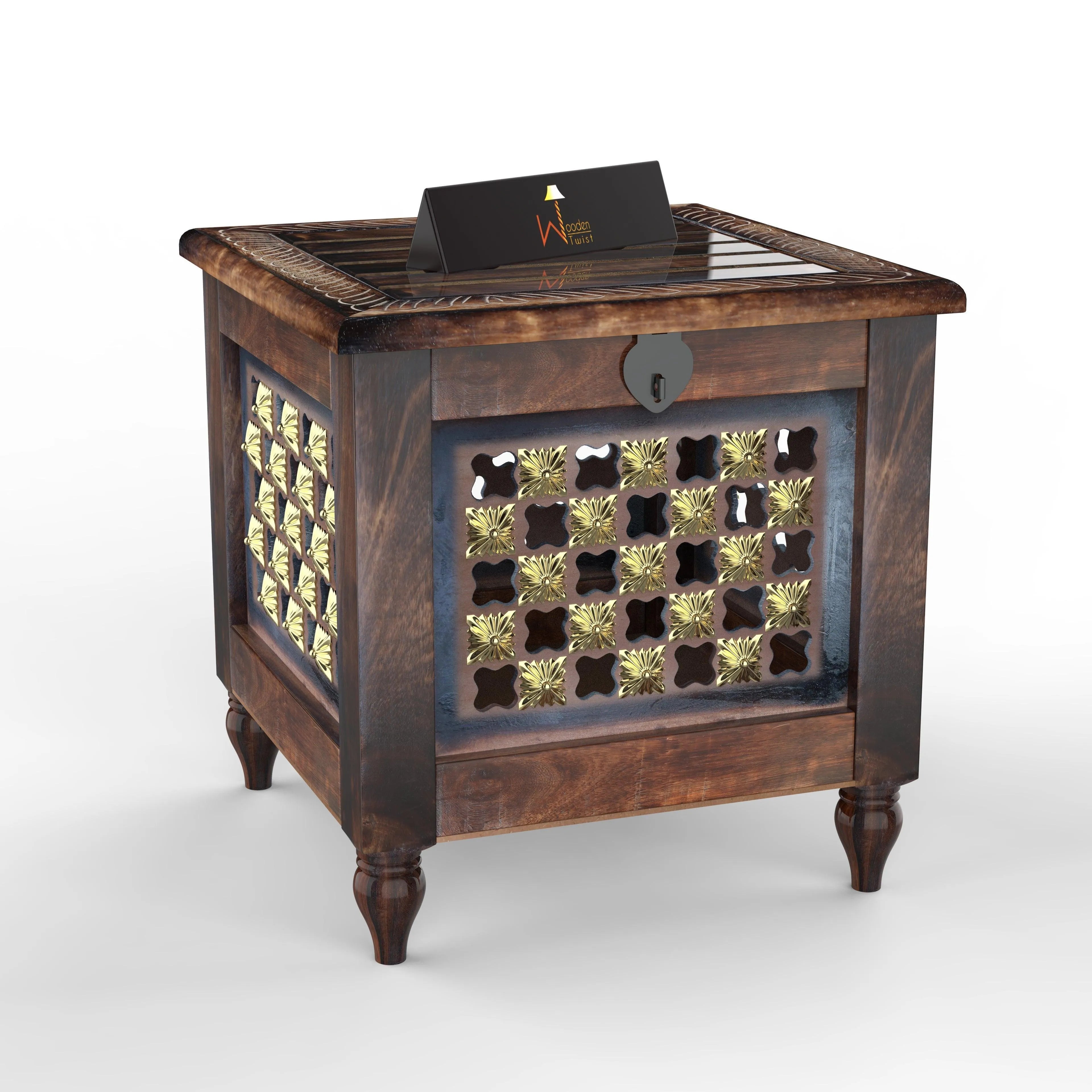 Beautiful Antique Wooden Square Stool with Storage for Living and Bedroom - Wooden Twist UAE