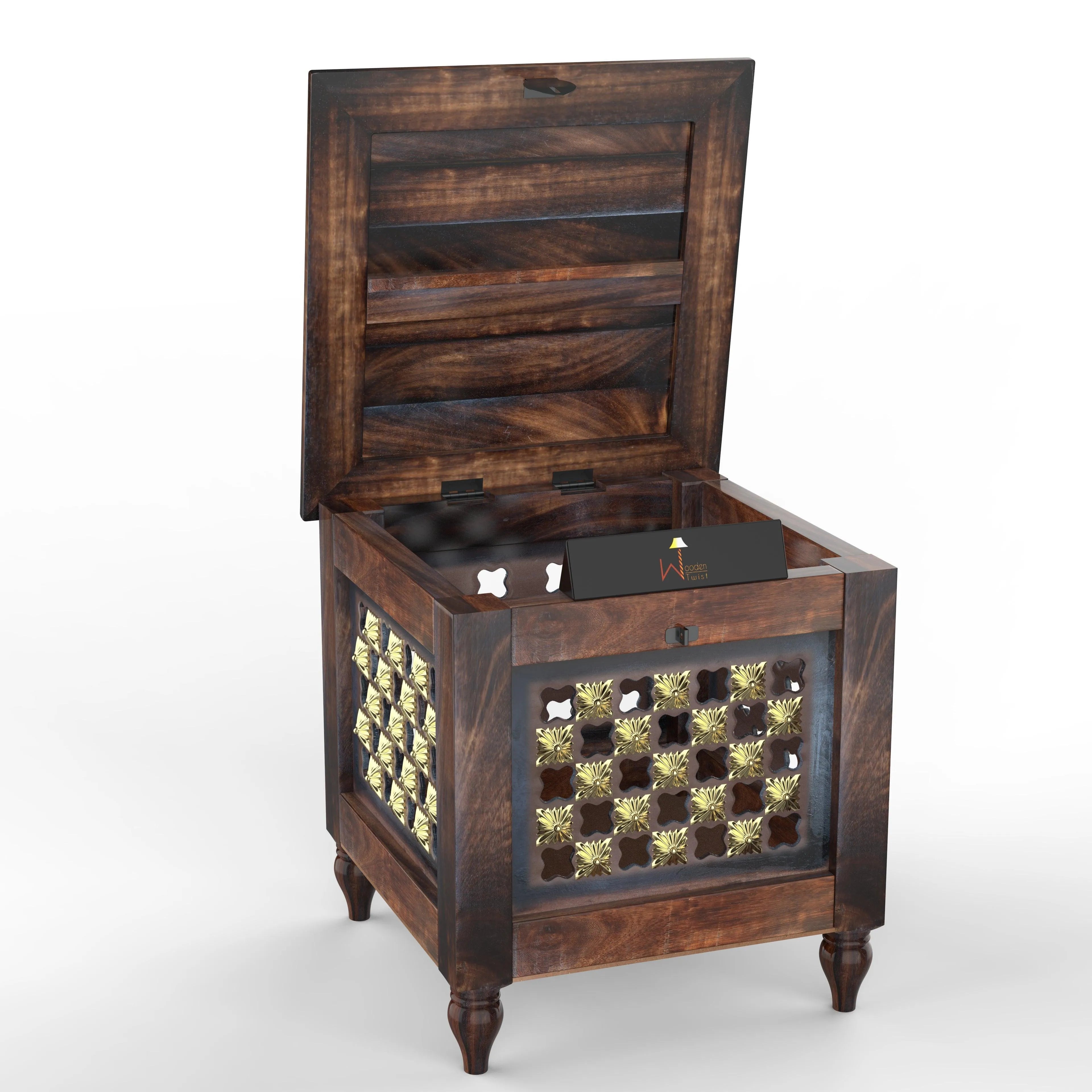 Beautiful Antique Wooden Square Stool with Storage for Living and Bedroom - Wooden Twist UAE