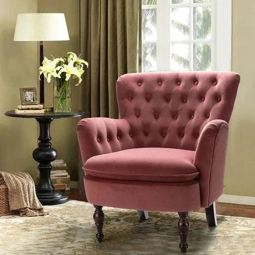 Wide Tufted Velvet Lounge Armchair (Walnut Legs) - Wooden Twist UAE