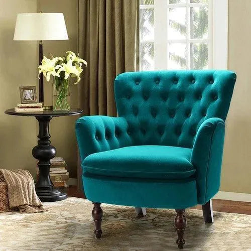 Wide Tufted Velvet Lounge Armchair (Walnut Legs) - Wooden Twist UAE