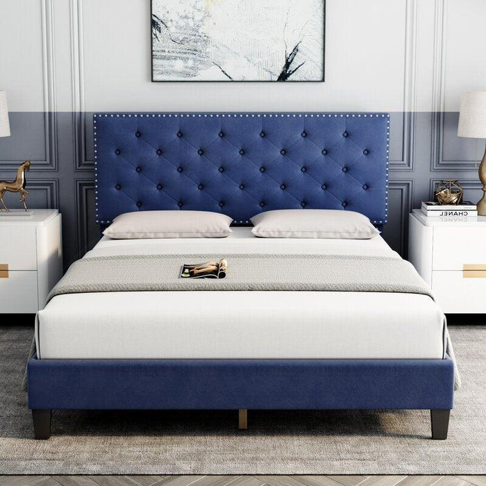 Modern Upholstered Platform Queen Size Bed (Teak Wood, Blue)
