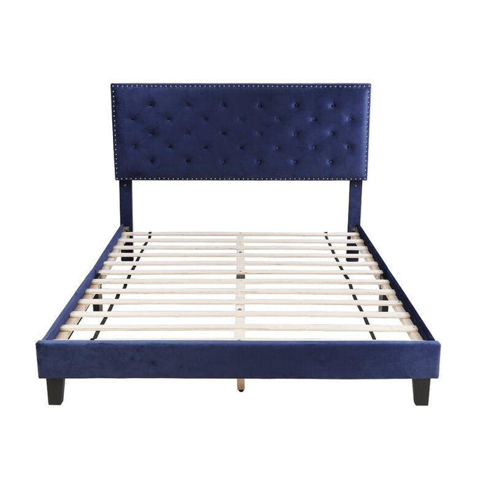 Modern Upholstered Platform Queen Size Bed (Teak Wood, Blue)