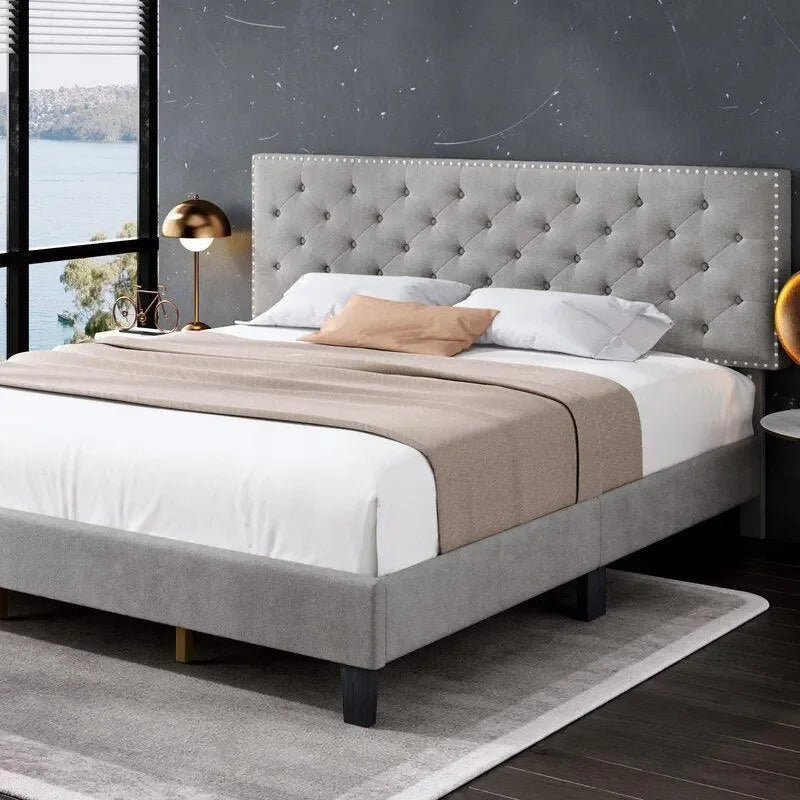 Modern Upholstered Platform Queen Size Bed - Wooden Twist UAE