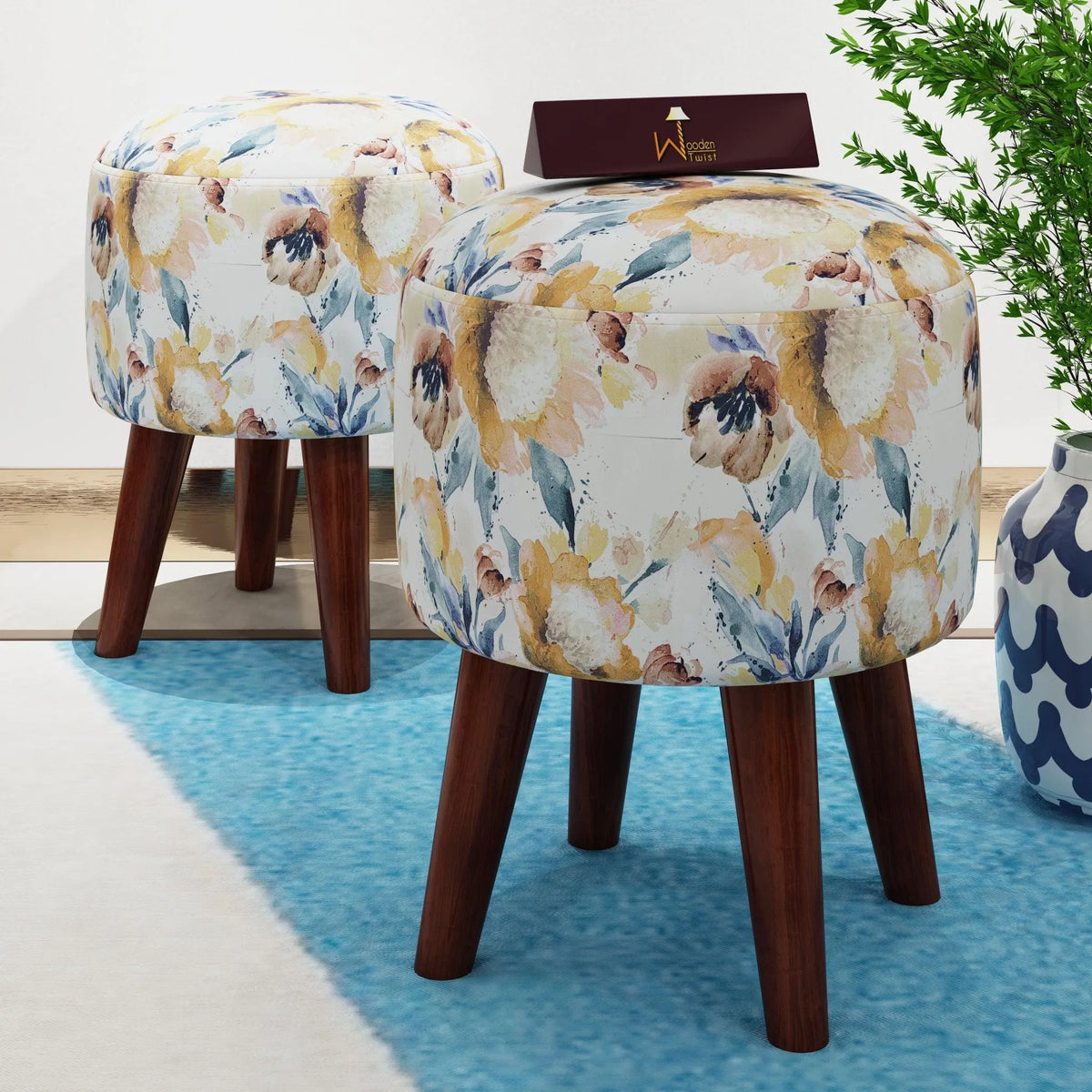 Wooden Twist Stool Set of 2 Cushioned Ottoman - Wooden Twist UAE