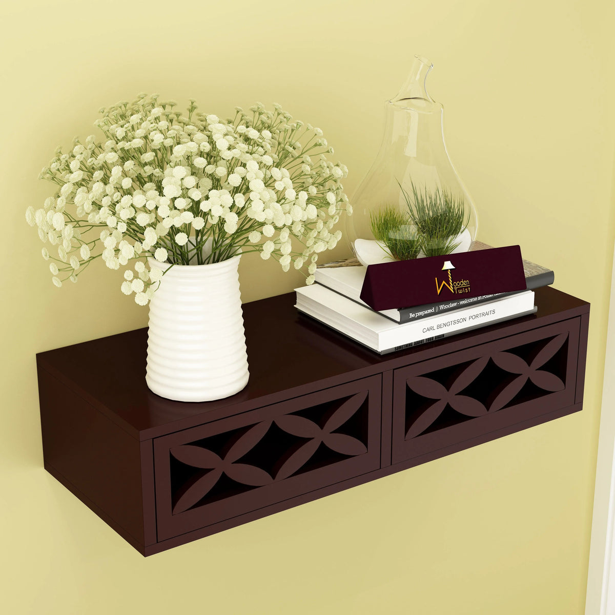 Wood Wall Shelf with Drawer for Living Room - Wooden Twist UAE