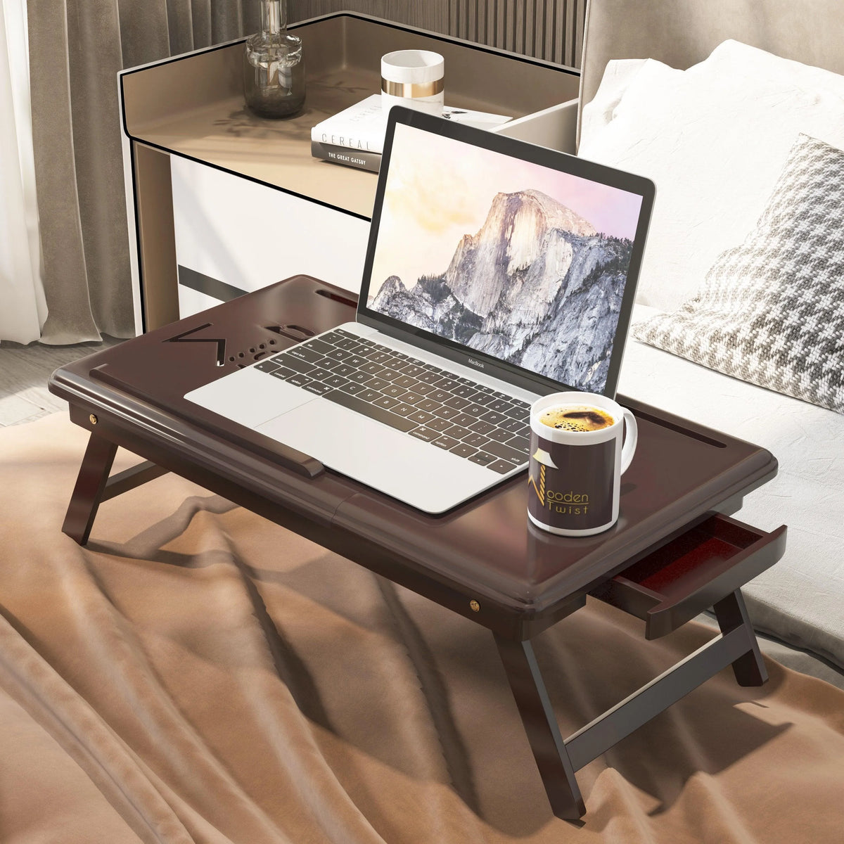 Flexi Wooden Laptop Table With Tablet & Mobile Holder (Brown) - Wooden Twist UAE