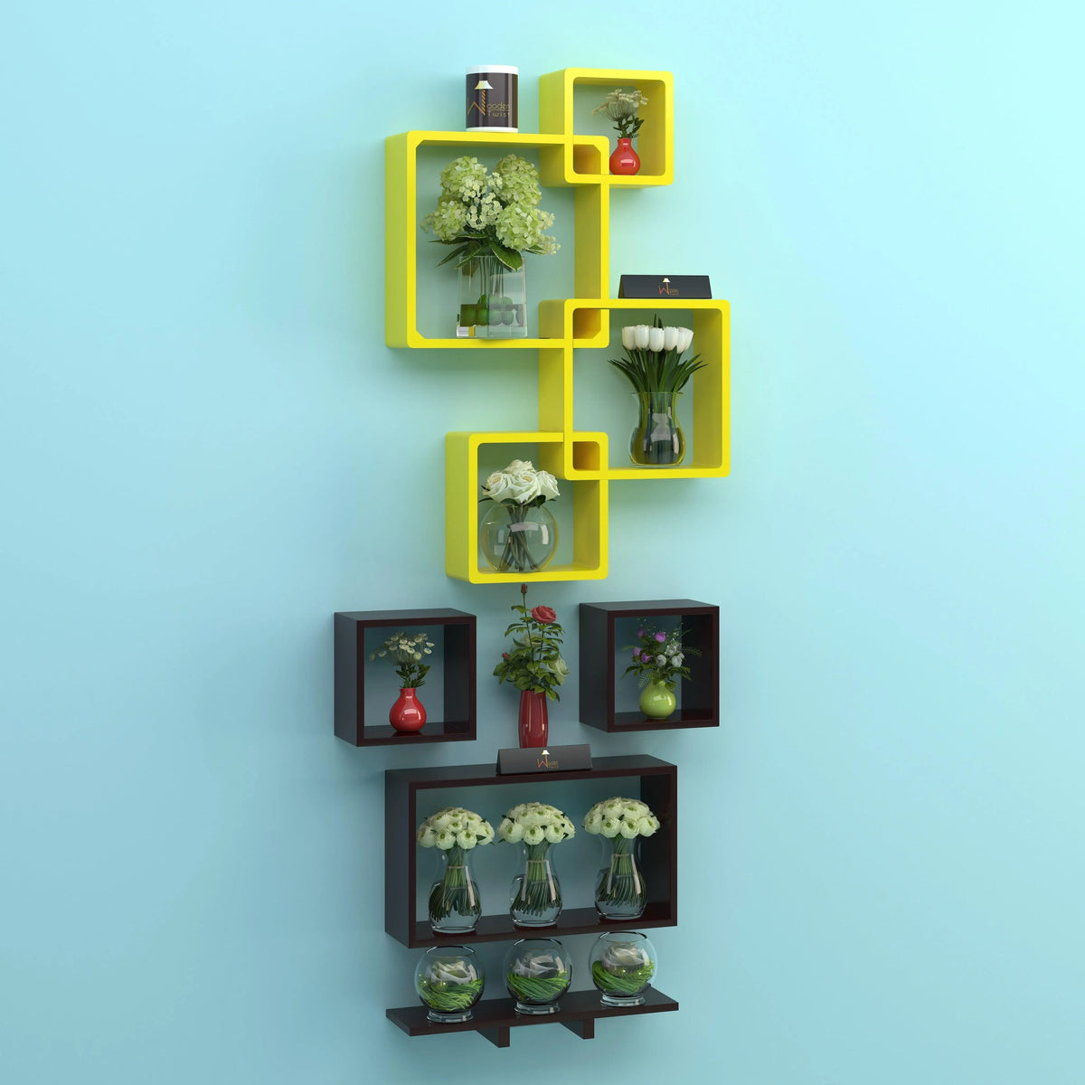 Warm-Toned Intersecting Wall Shelves, Set of 8