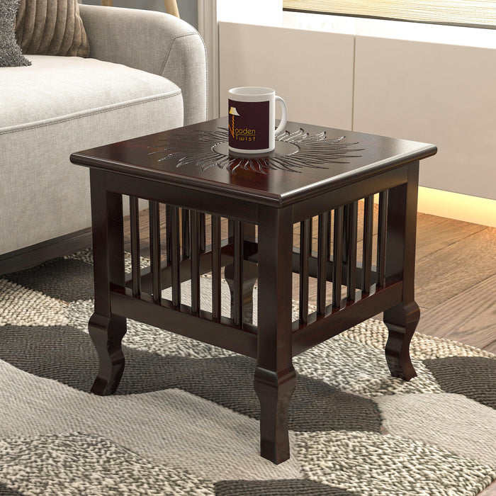 Mango Wood Walnut Finish Handmade Carving Classic Side Table for Living Room