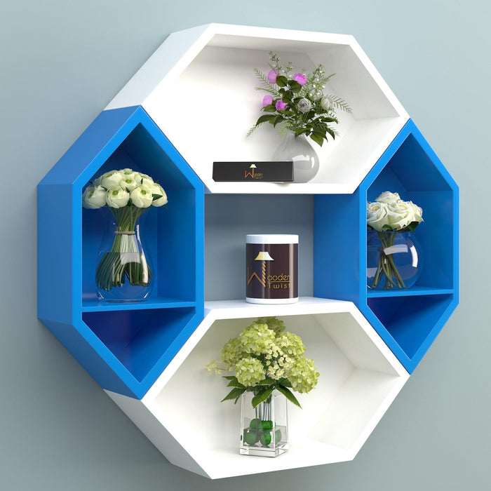 Wooden Pared Hexagon Floating Wall Shelf with 4 Shelves - Wooden Twist UAE