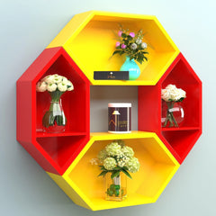 Wooden Pared Hexagon Floating Wall Shelf with 4 Shelves - Wooden Twist UAE