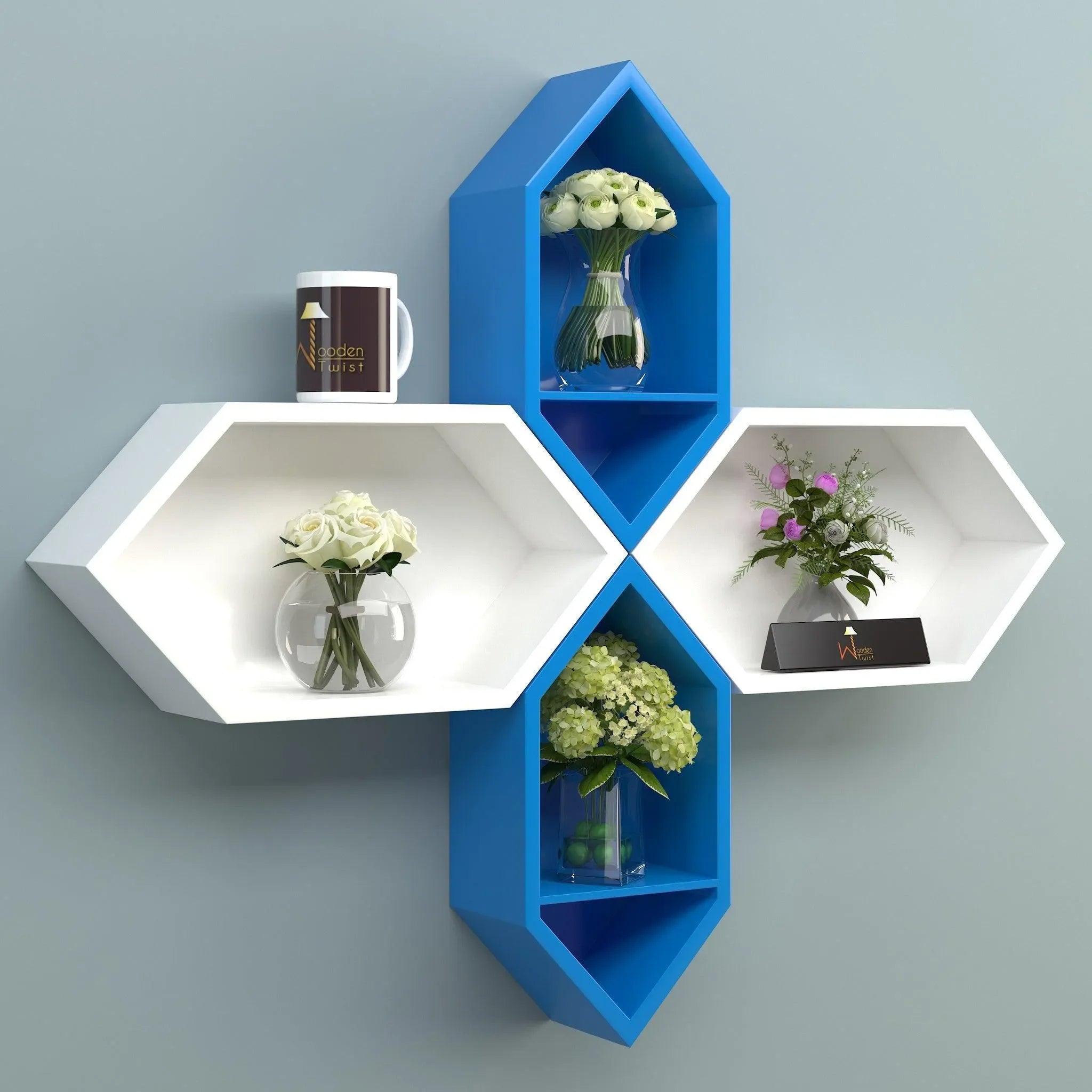 Wooden Pared Hexagon Floating Wall Shelf with 4 Shelves - Wooden Twist UAE