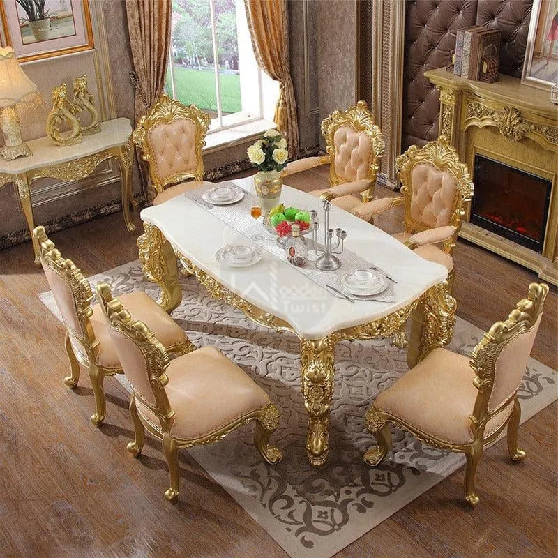 Royal Antique Teak Wood 6 Seater Dining Table Set (Golden) - Wooden Twist UAE