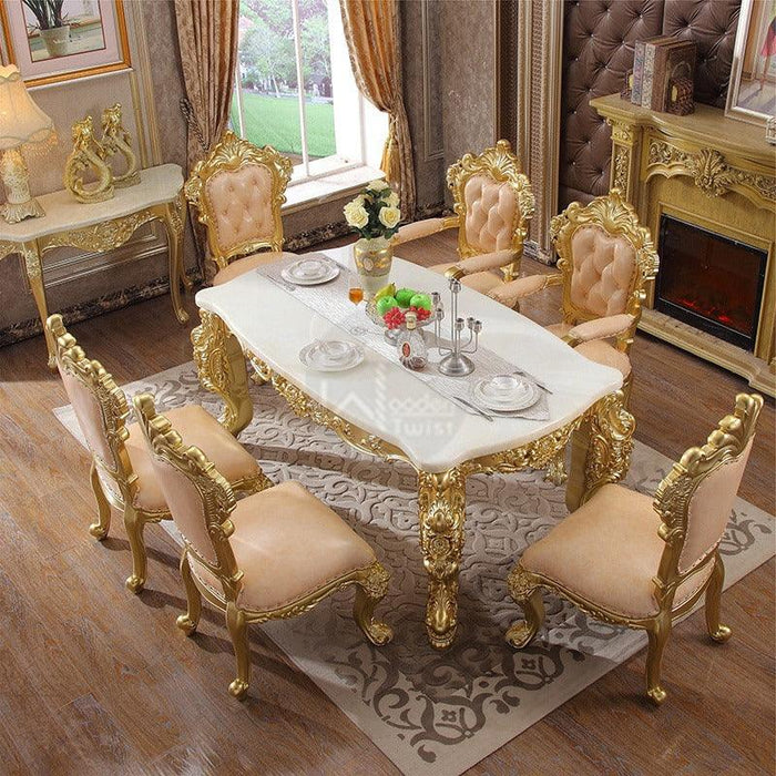 Royal Antique Teak Wood 6 Seater Dining Table Set (Golden) - Wooden Twist UAE