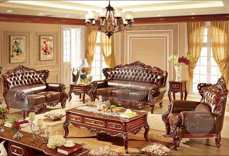 Royal Antique Brown Wood Living Room Carved Sofa Set