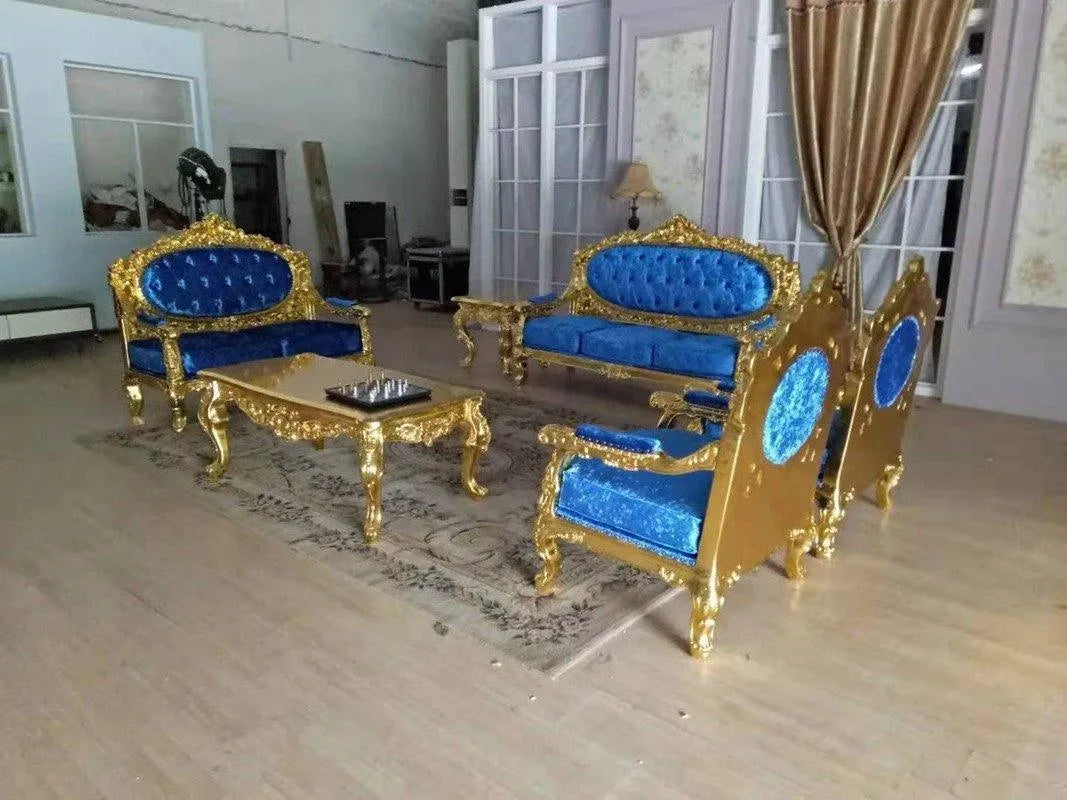 Blue Velvet Royal Antique Gold Carved Sofa Set - WoodenTwist