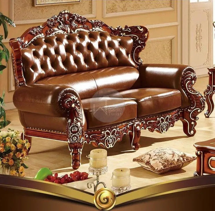 Royal Antique Brown Wood Living Room Carved Sofa Set - Wooden Twist UAE