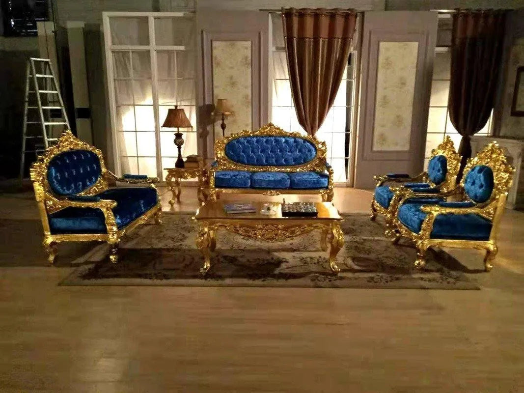 Blue Velvet Royal Antique Gold Carved Sofa Set - WoodenTwist