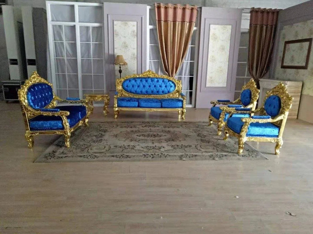 Blue Velvet Royal Antique Gold Carved Sofa Set - WoodenTwist