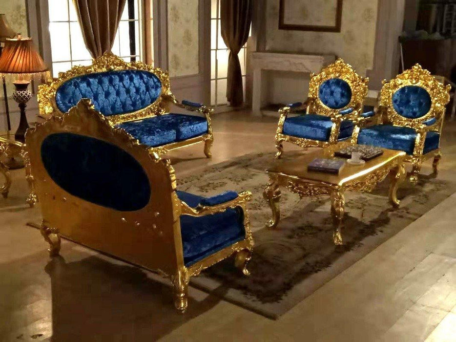 Blue Velvet Royal Antique Gold Carved Sofa Set - WoodenTwist