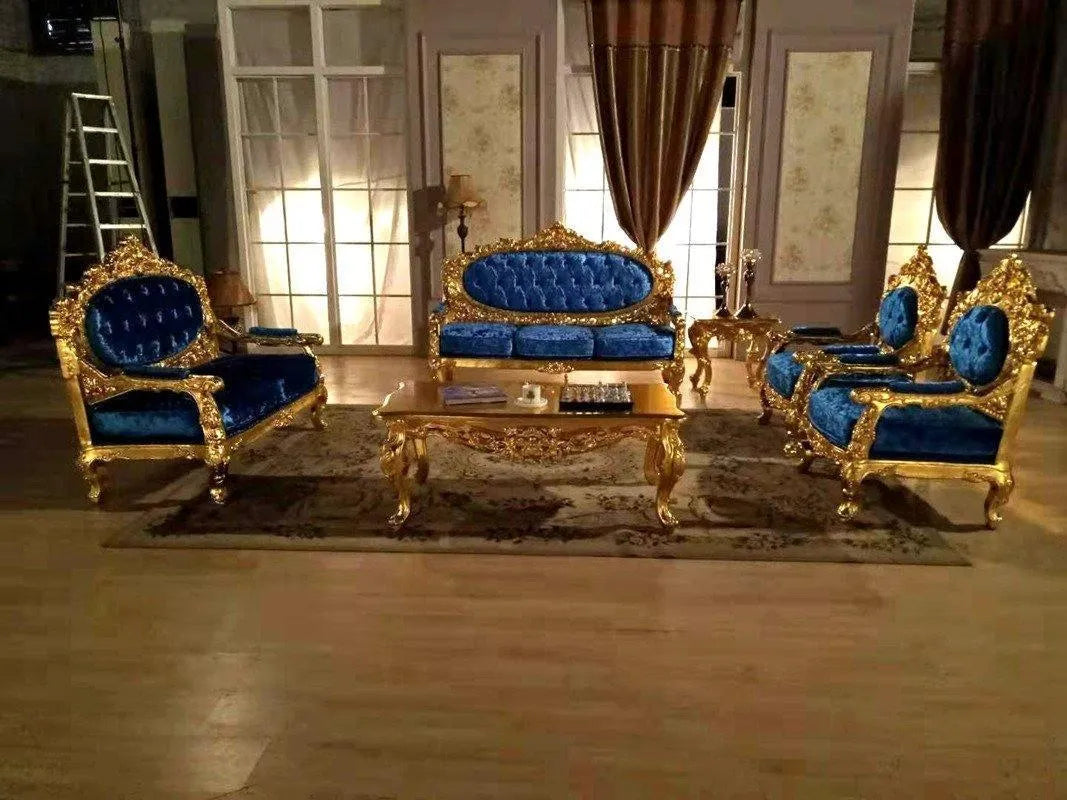 Blue Velvet Royal Antique Gold Carved Sofa Set - WoodenTwist