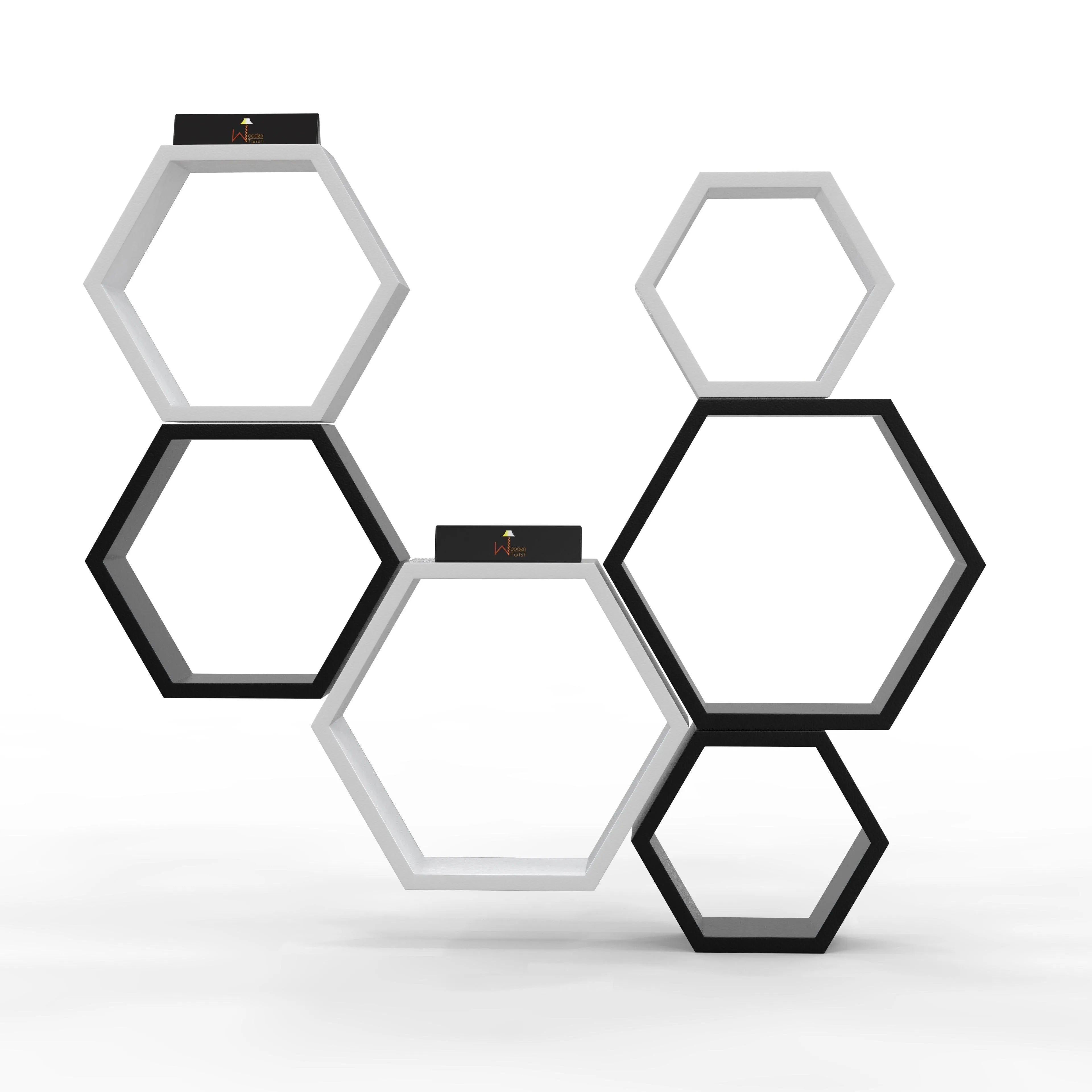 Hexagonal Shape Wooden Floating Wall Shelves (Set of 6) - Wooden Twist UAE