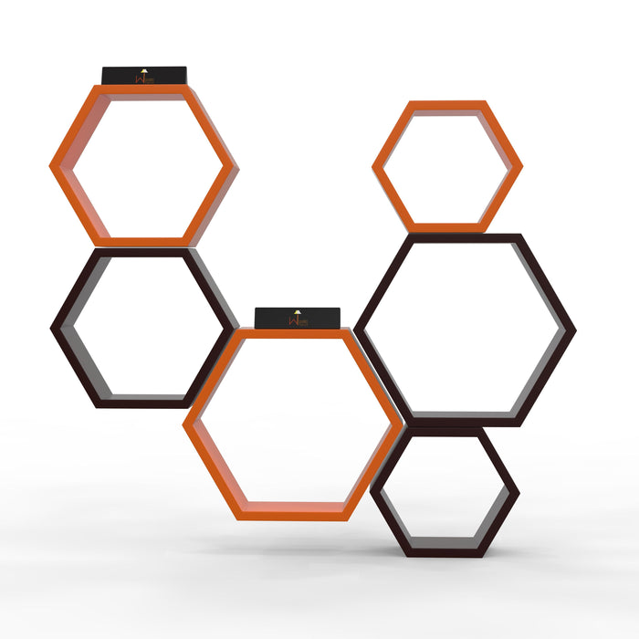 Hexagonal Shape Wooden Floating Wall Shelves (Set of 6)