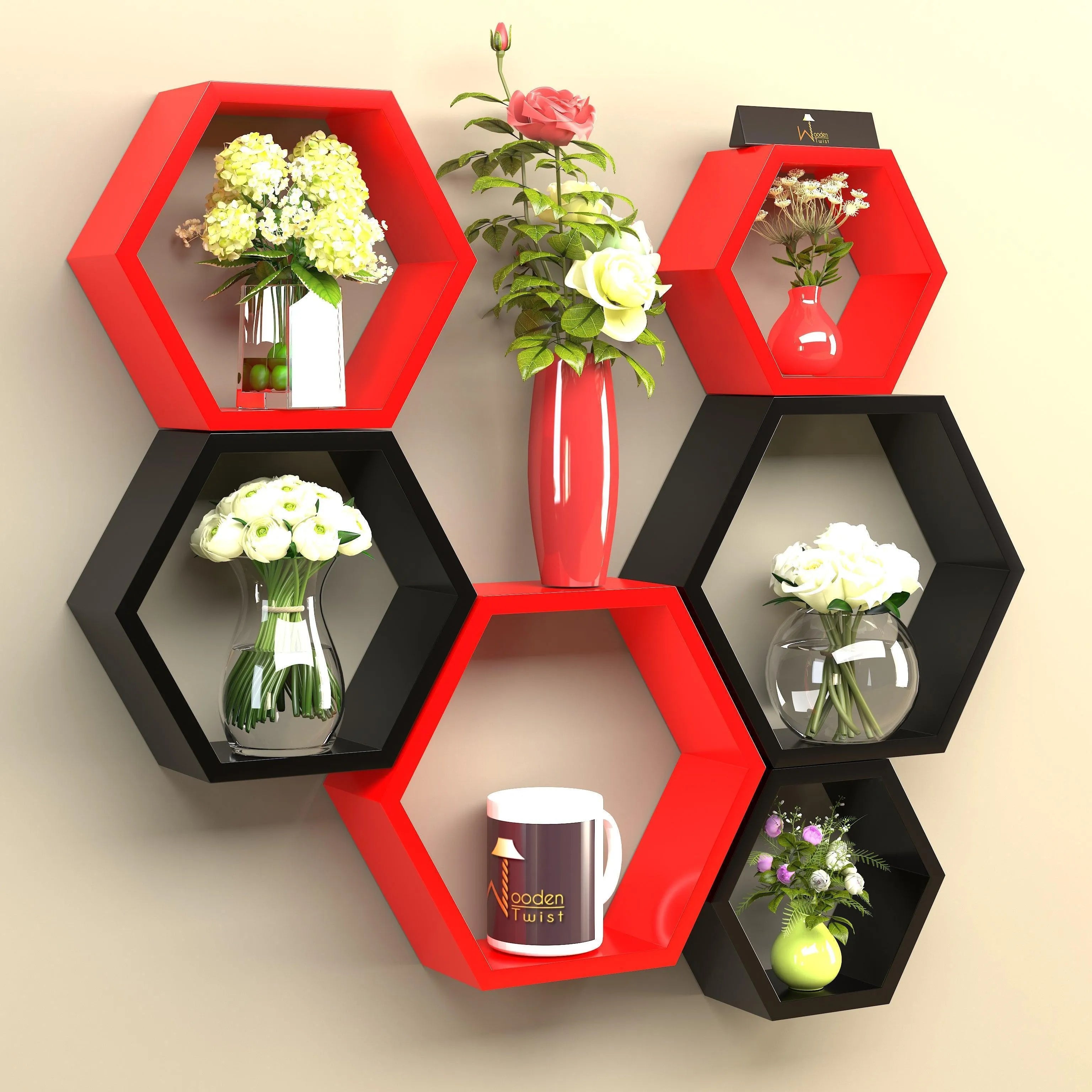 Hexagonal Shape Wooden Floating Wall Shelves (Set of 6) - Wooden Twist UAE