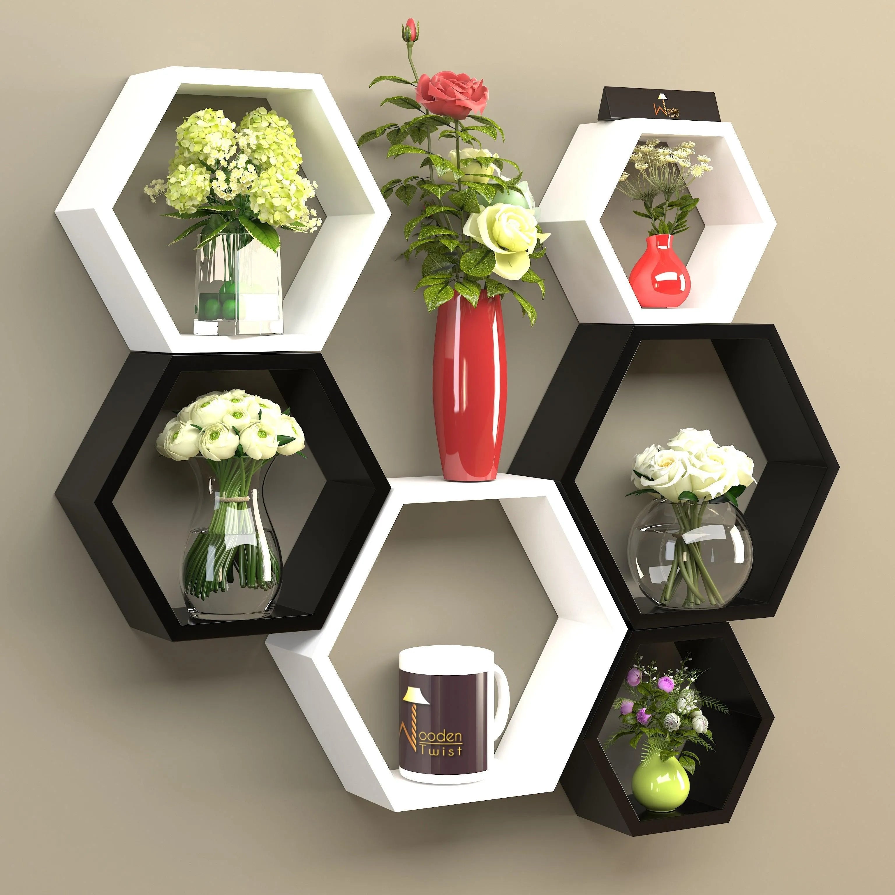 Hexagonal Shape Wooden Floating Wall Shelves (Set of 6) - Wooden Twist UAE