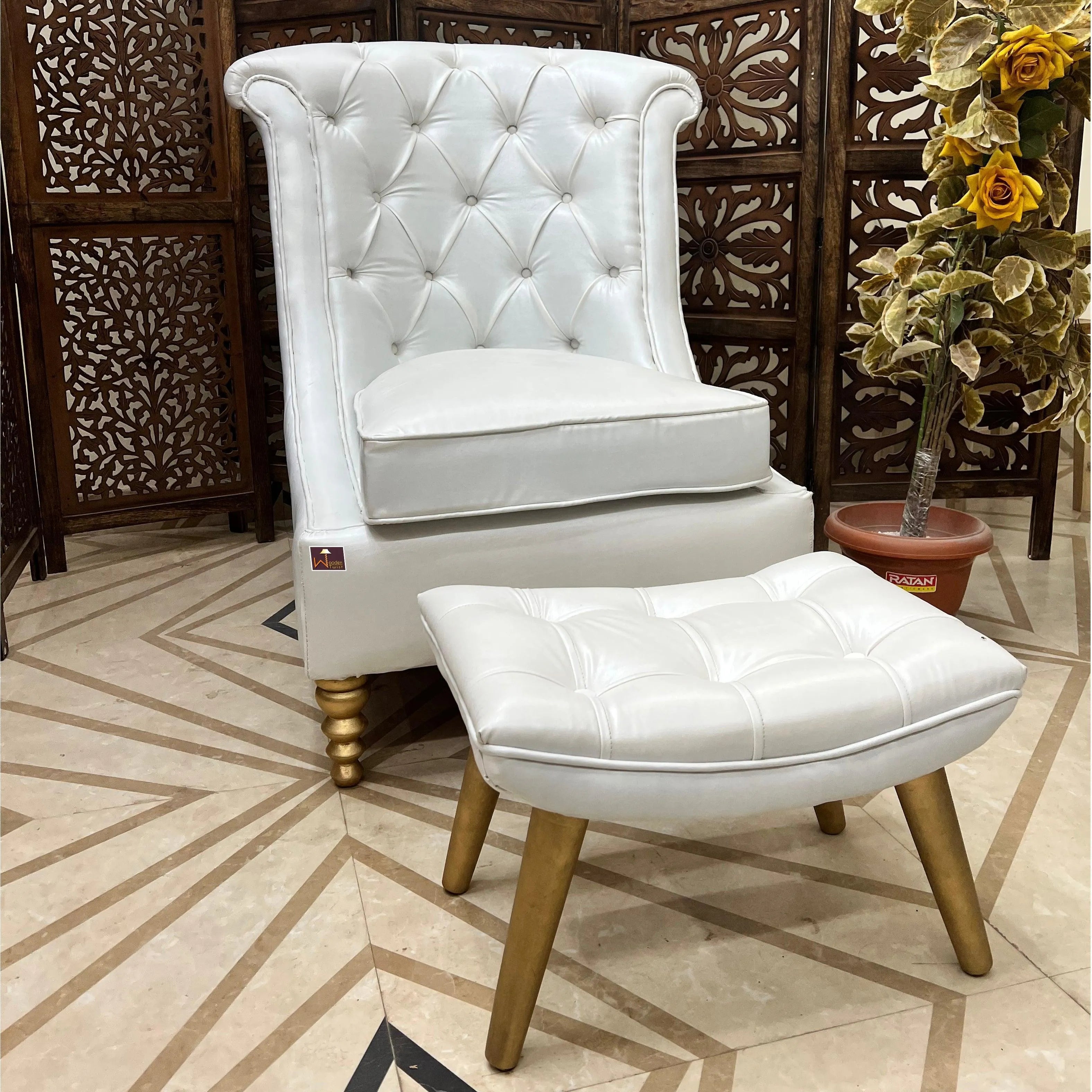 Wooden Royal Chair With footrest (Golden Legs) - Wooden Twist UAE