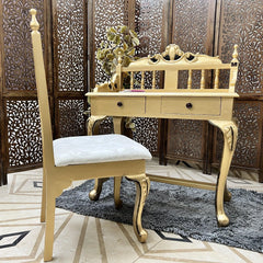 Royal Gold Carved Teak Wood Study Table with Chair - Wooden Twist UAE