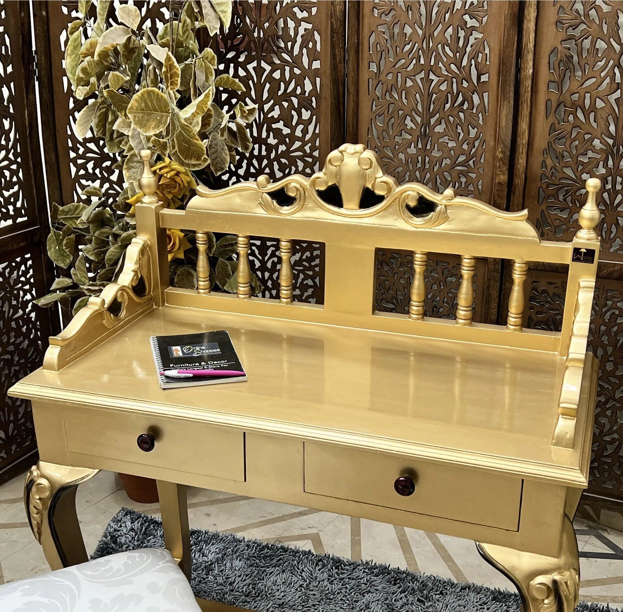 Royal Gold Carved Teak Wood Study Table with Chair - Wooden Twist UAE