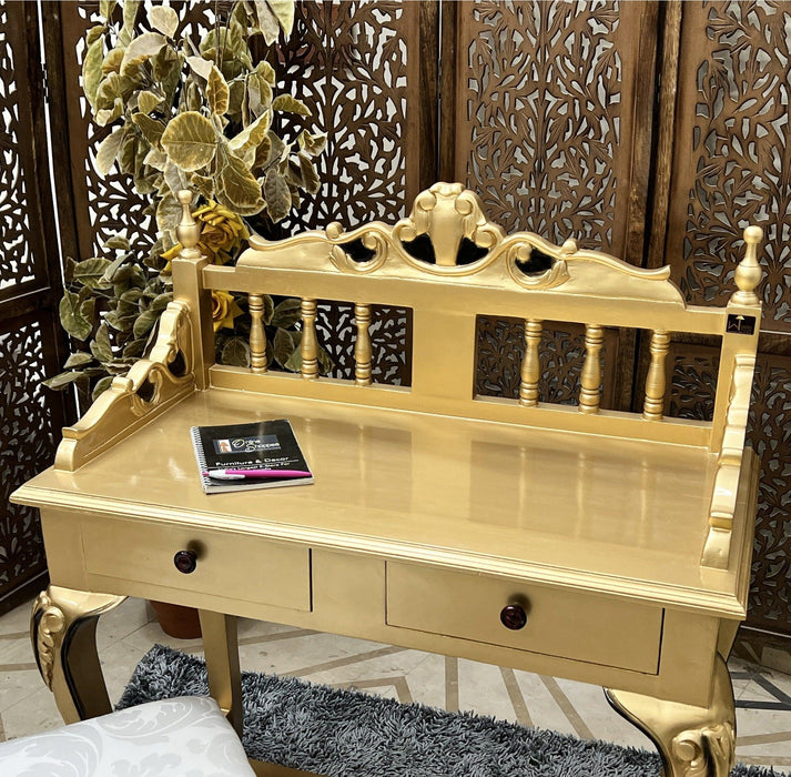 Royal Gold Carved Teak Wood Study Table with Chair