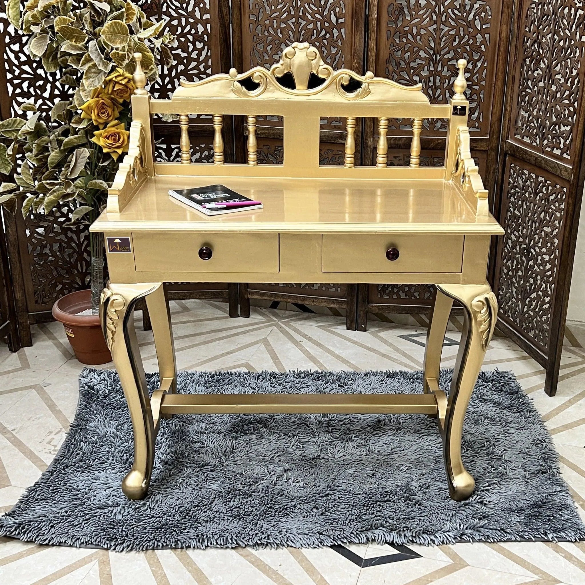 Royal Gold Carved Teak Wood Study Table with Chair - Wooden Twist UAE