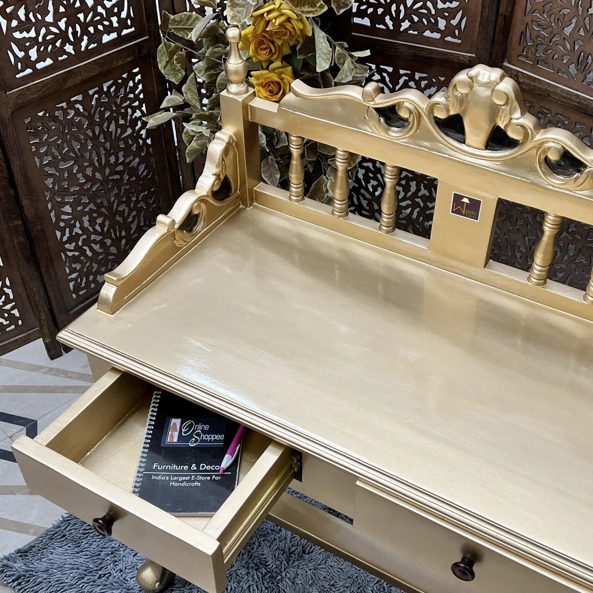 Royal Gold Carved Teak Wood Study Table with Chair - Wooden Twist UAE