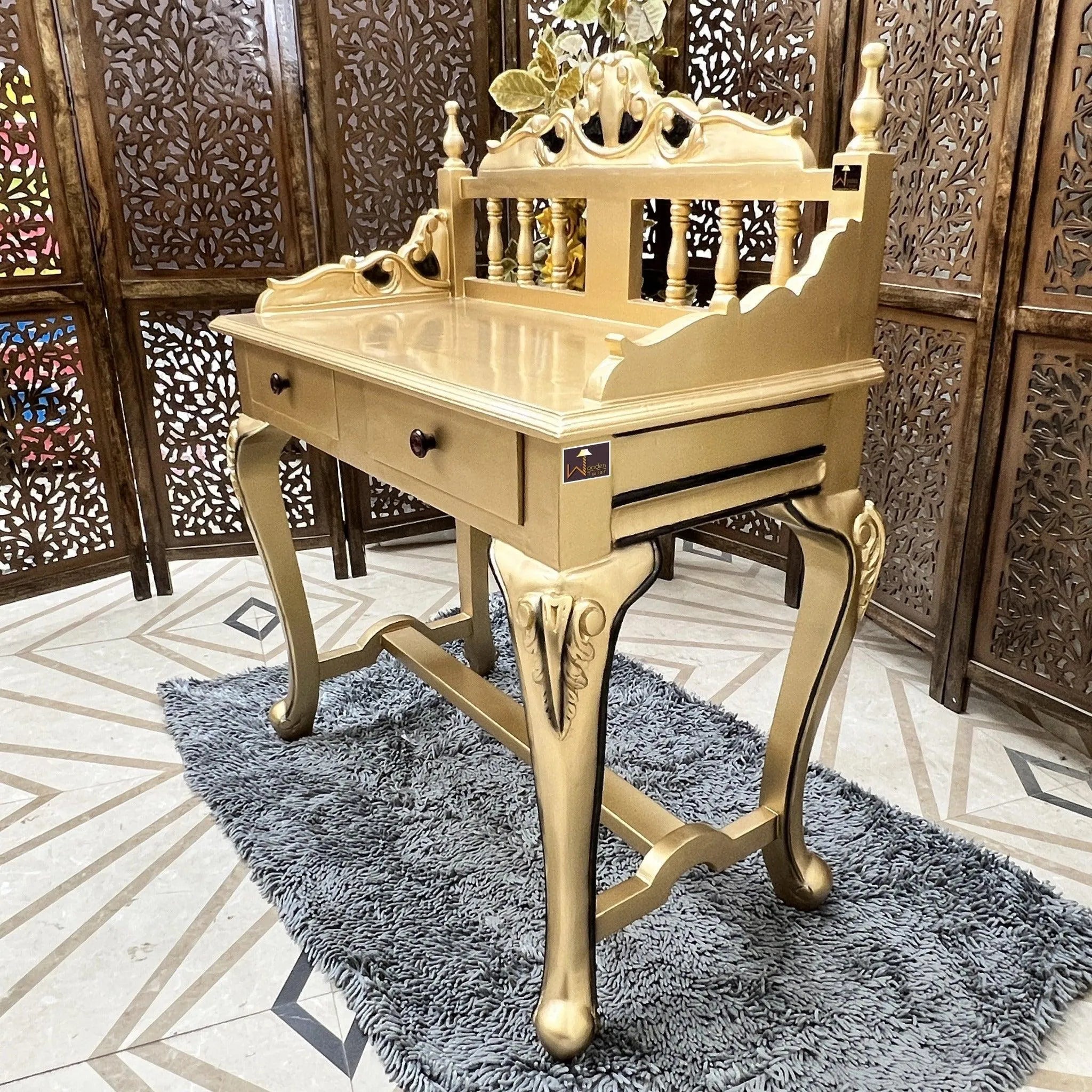 Royal Gold Carved Teak Wood Study Table with Chair - Wooden Twist UAE