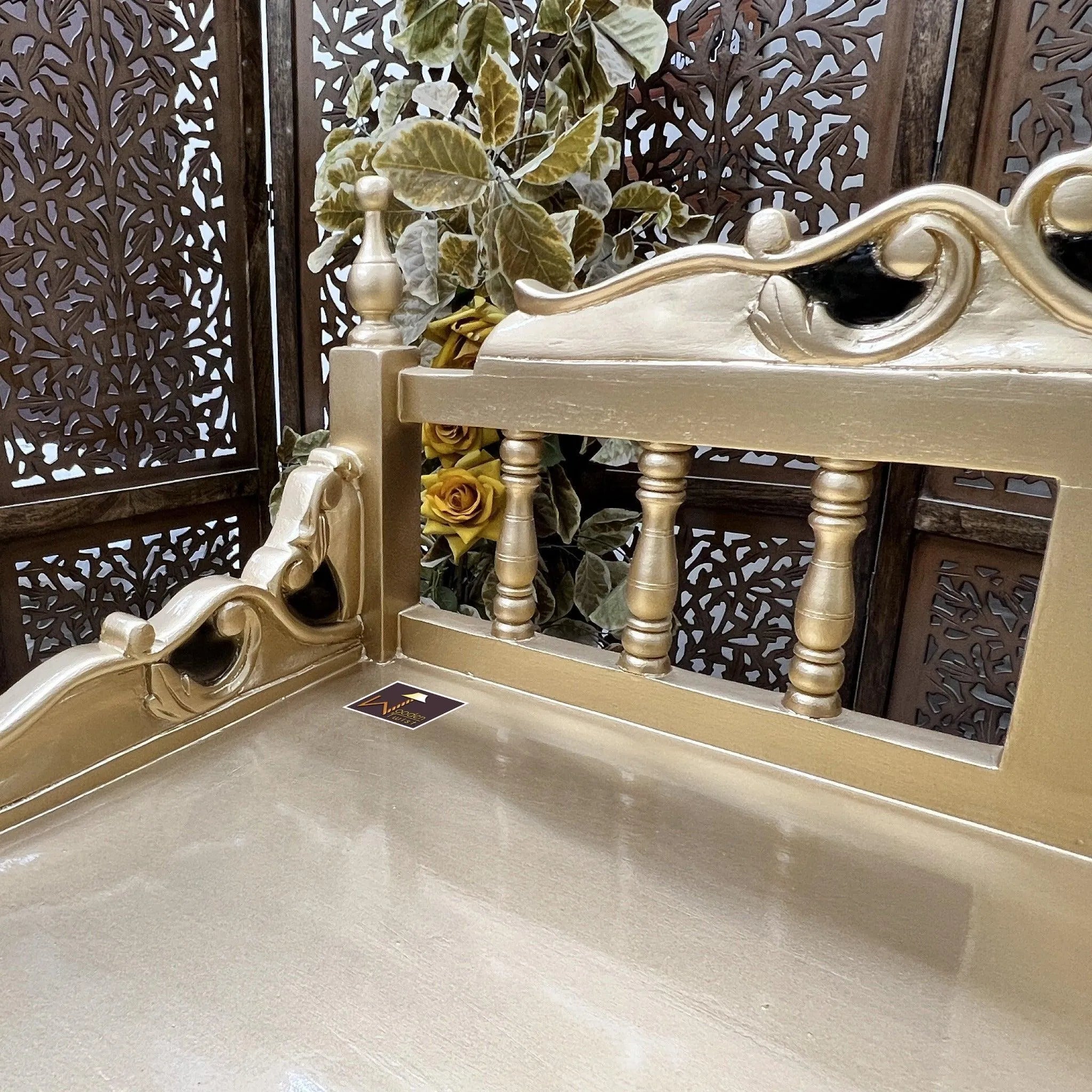 Royal Gold Carved Teak Wood Study Table with Chair - Wooden Twist UAE