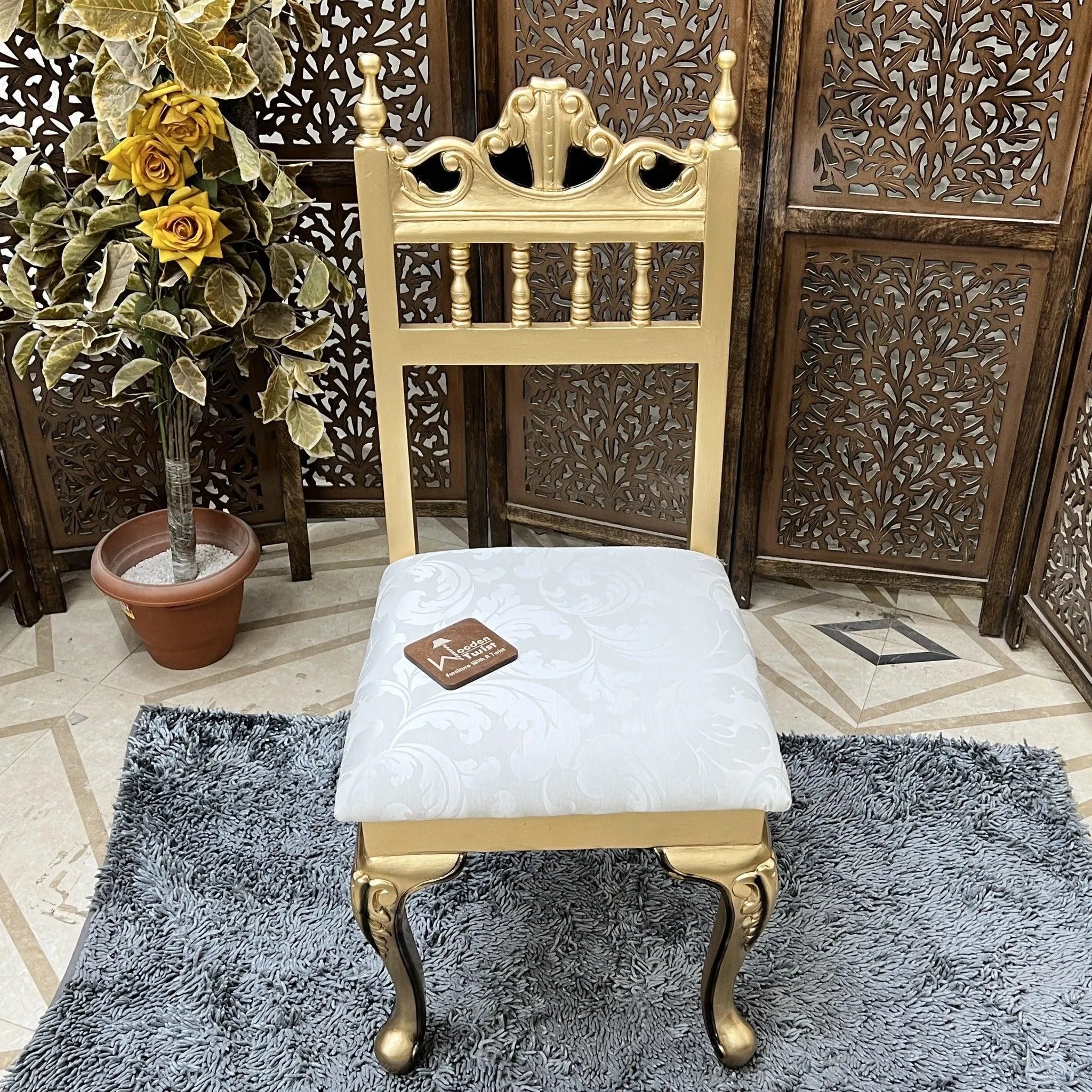 Royal Gold Carved Teak Wood Study Table with Chair - Wooden Twist UAE