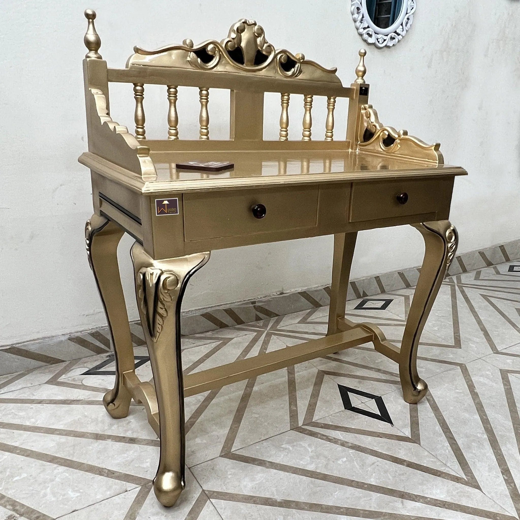 Royal Gold Carved Teak Wood Study Table with Chair - Wooden Twist UAE