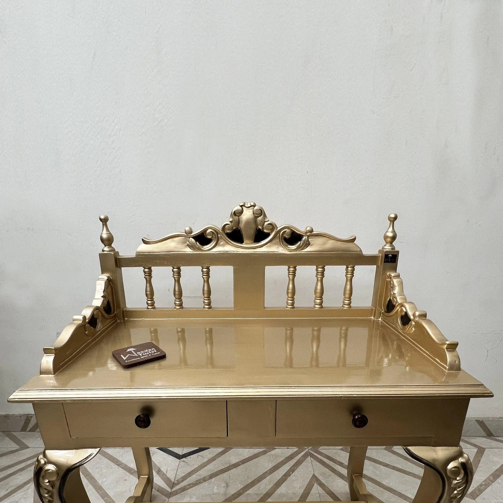 Royal Gold Carved Teak Wood Study Table with Chair - Wooden Twist UAE