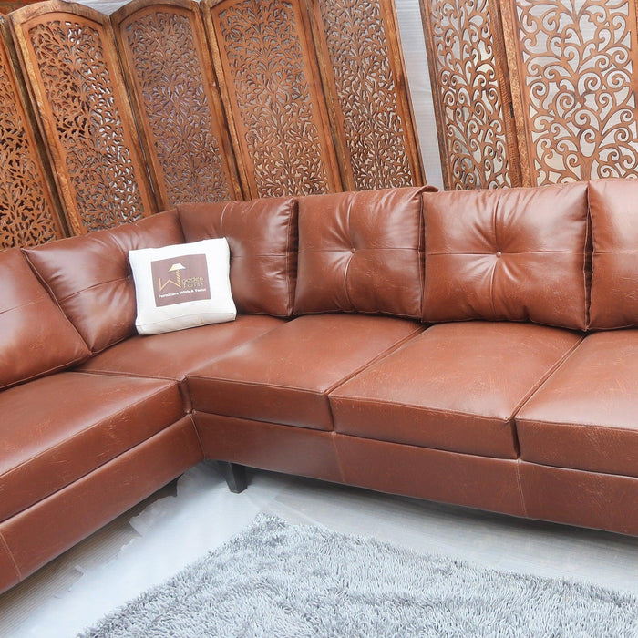 Elizalina 6 Seater LHS Corner L Shape Sofa In Brown Leatherette - Wooden Twist UAE