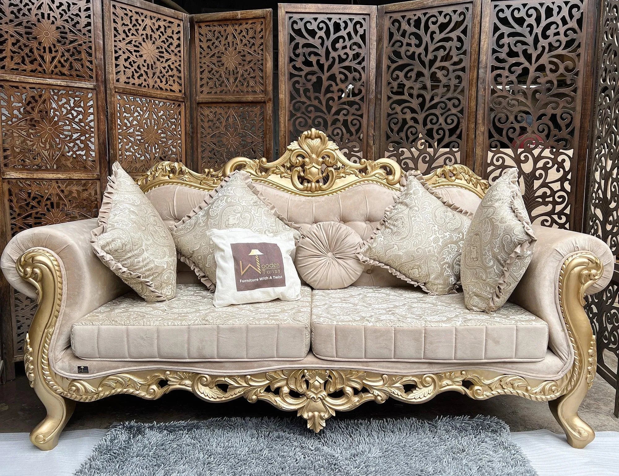 Handmade Royal Antique Golden Finish Carved Sofa (3 Seater) - Wooden Twist UAE