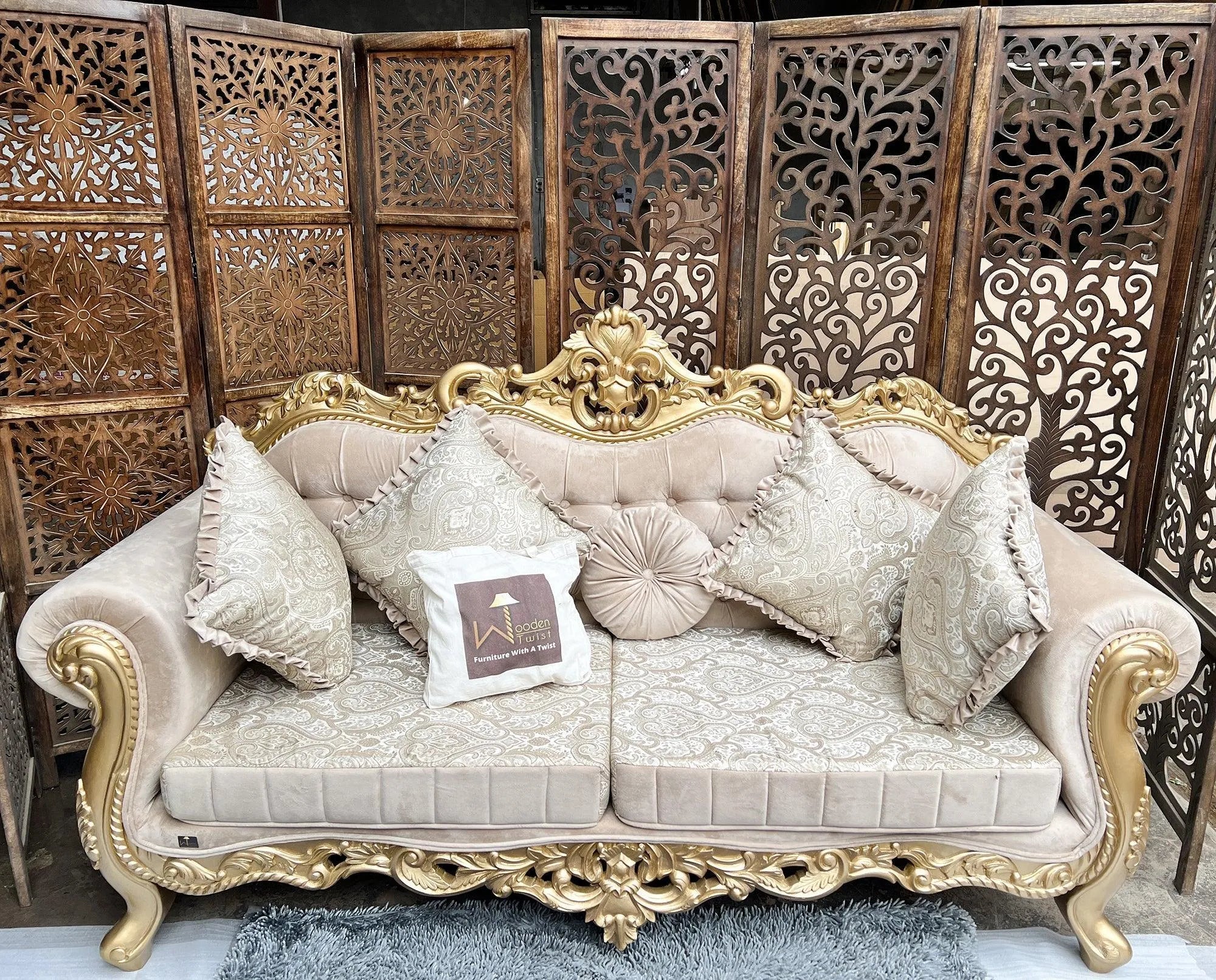 Handmade Royal Antique Golden Finish Carved Sofa (3 Seater) - Wooden Twist UAE