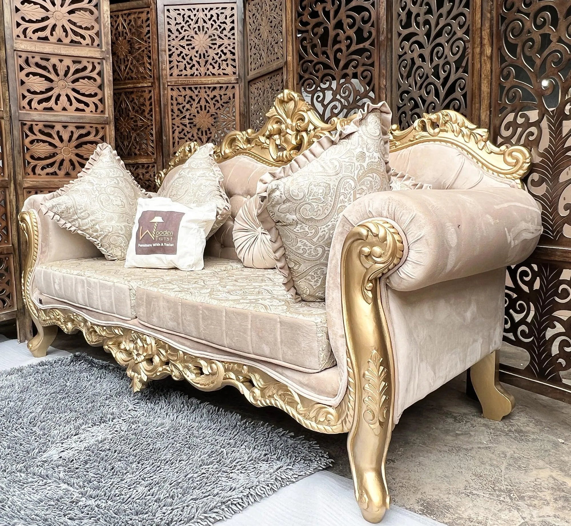 Handmade Royal Antique Golden Finish Carved Sofa (3 Seater) - Wooden Twist UAE