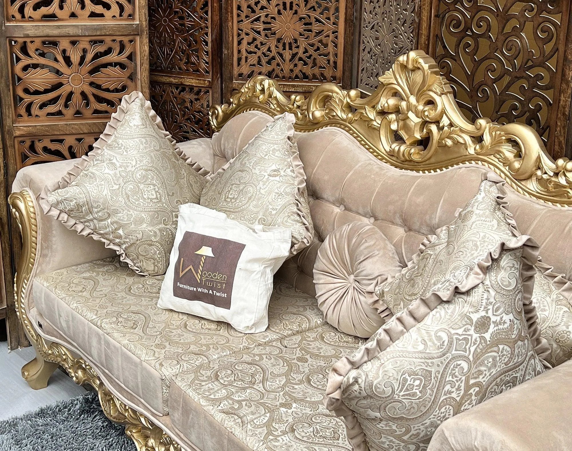 Handmade Royal Antique Golden Finish Carved Sofa (3 Seater) - Wooden Twist UAE