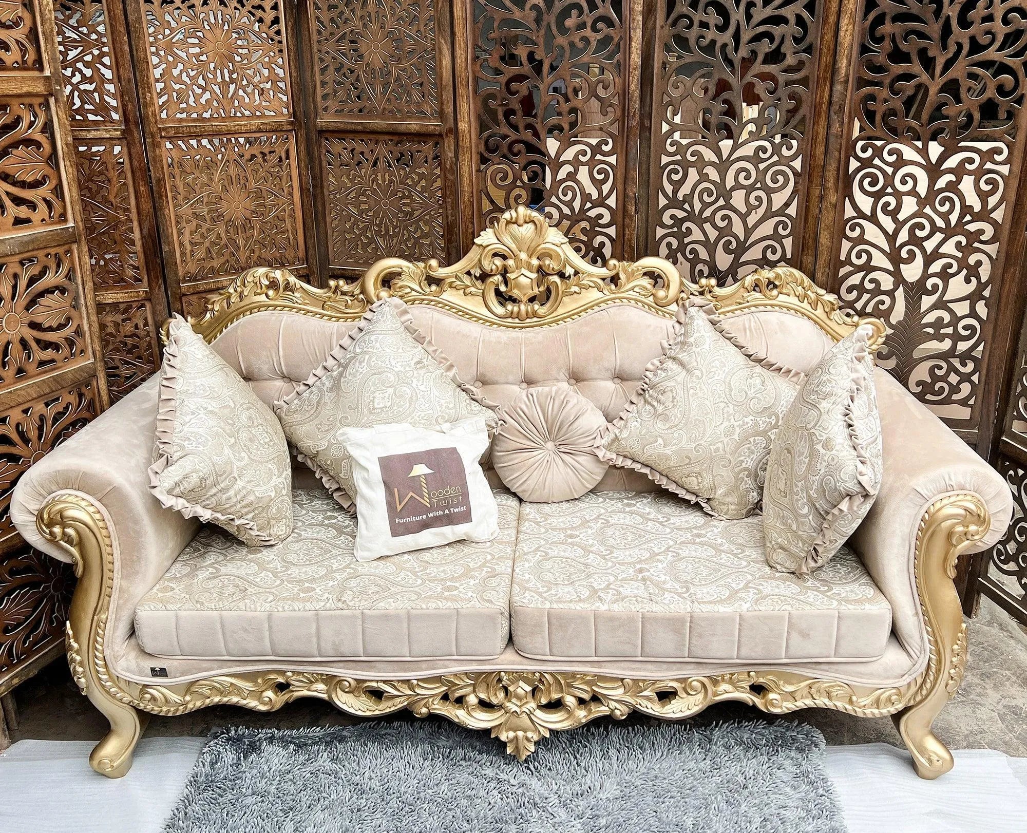 Handmade Royal Antique Golden Finish Carved Sofa (3 Seater) - Wooden Twist UAE