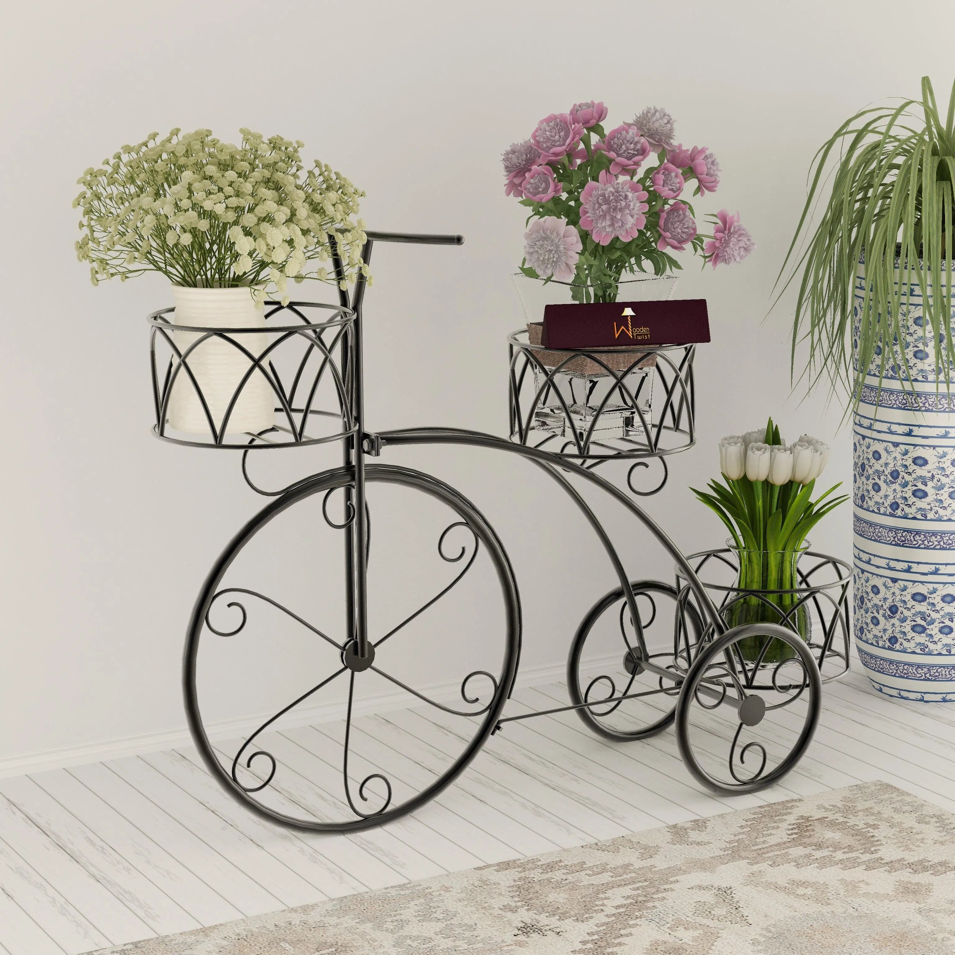 Wooden Twist Garden Cart Planter Stand Tricycle Plant Holder - Ideal for Home, Garden, Patio - Wooden Twist UAE