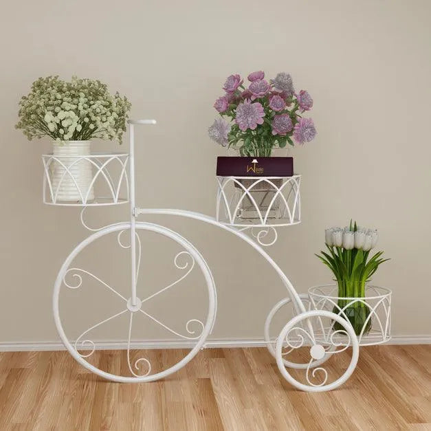 Garden Cart Planter Stand Tricycle Plant Holder - Ideal for Home, Garden, Patio (White) - Wooden Twist UAE