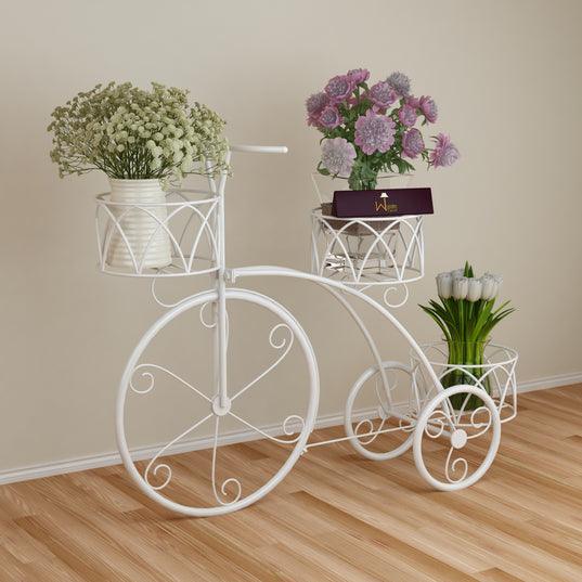 Garden Cart Planter Stand Tricycle Plant Holder - Ideal for Home, Garden, Patio (White)